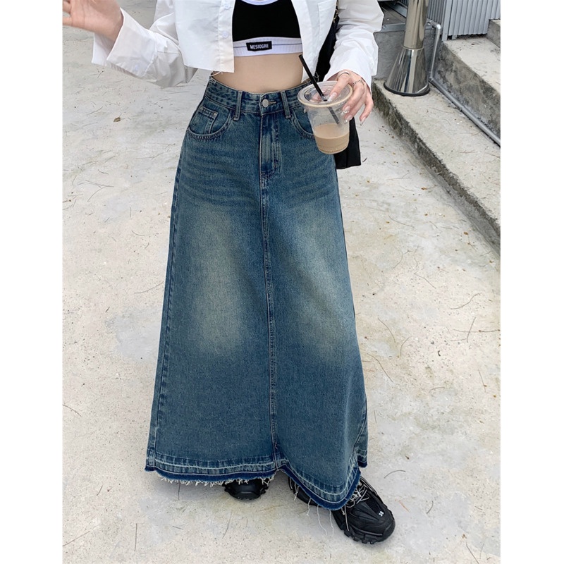 Chân Váy Jean Chữ a Lưng Cao Phong Cách Retro