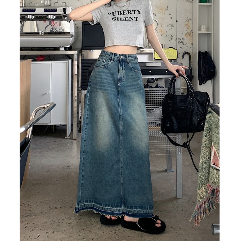 Chân Váy Jean Chữ a Lưng Cao Phong Cách Retro