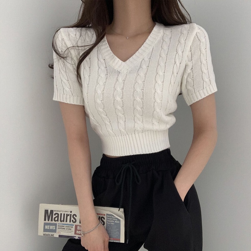 Áo Len Tay Ngắn Cổ Chữ V Thiết Kế Xoắn Eo Đơn Giản Thời Trang Mùa Hè Hàn Quốc Mới Cho Nữ