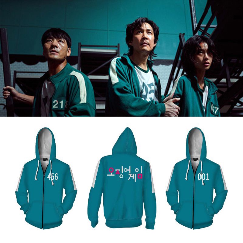 Áo Khoác Hoodie Có Khóa Kéo Màu Xanh Lá Cây Squid Game 001 456 Netflix Lee Jung-jae Seong Gi-Hun Giản Dị Hàng Có Sẵn
