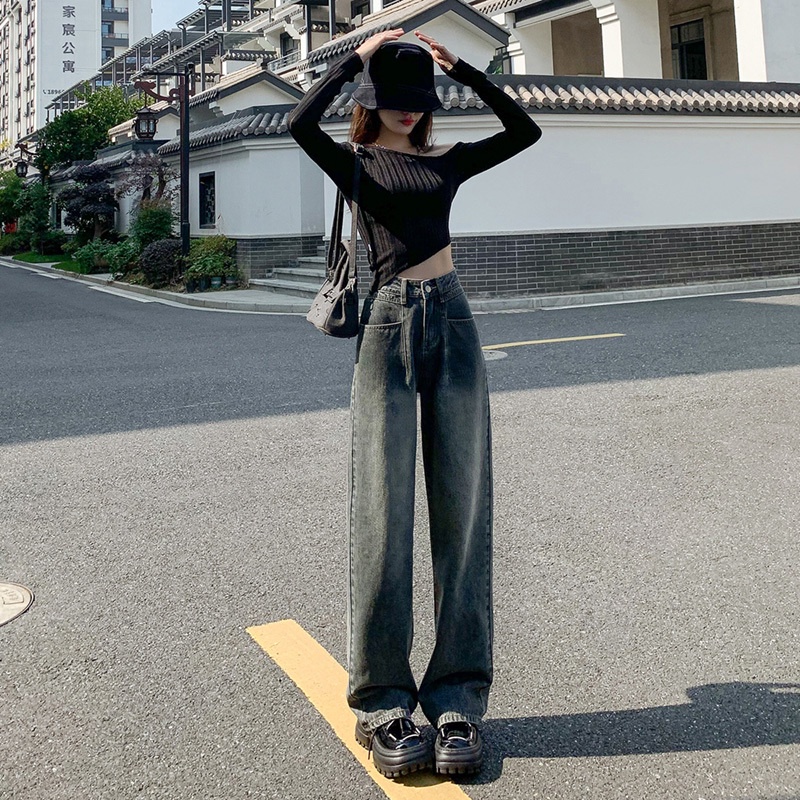 Quần Denim Ống Rộng Lưng Cao Phong Cách Retro Cho Nữ