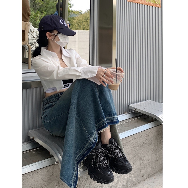 Chân Váy Jean Chữ a Lưng Cao Phong Cách Retro