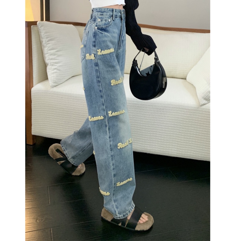 Quần Denim Lưng Cao Ống Rộng Thêu Họa Tiết Thời Trang Hàn Quốc