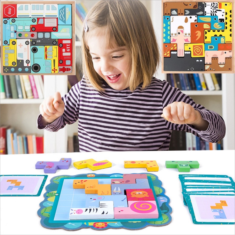 Mới Bộ 18 Miếng Gỗ Xếp Hình Giao Thông Động Vật 3D Cho Bé