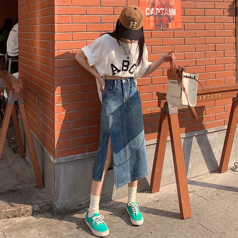 Chân Váy Denim Lưng Cao Dáng Chữ a Xẻ Tà Thời Trang Mùa Hè Hàn Quốc Cho Nữ