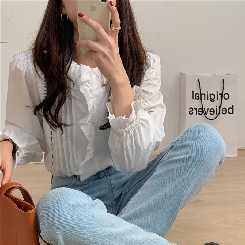 Áo Sơ Mi Dài Tay Phối Ren Màu Sắc Trơn Phong Cách Hàn Quốc 40052