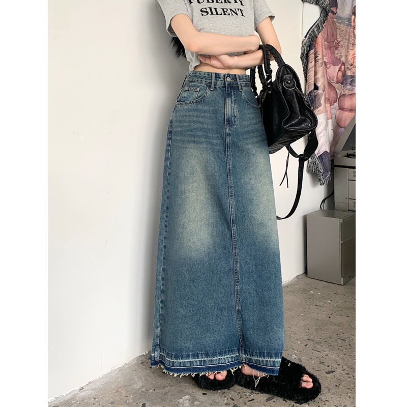 Chân Váy Jean Chữ a Lưng Cao Phong Cách Retro
