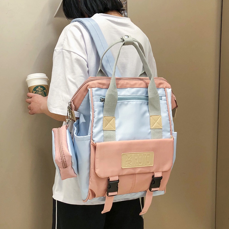 Set 2 Món Balo Túi Ví Canvas Màu Sắc Tương Phản Phong Cách Harajuku