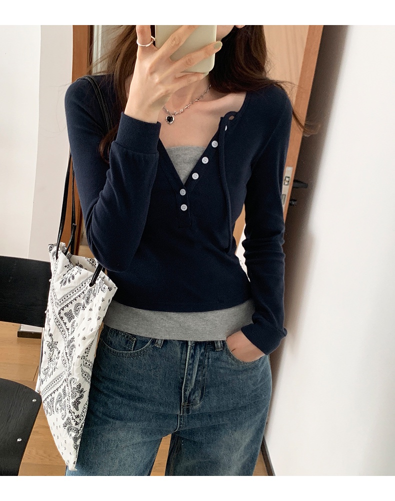 Áo Thun Nữ Dài Tay Cổ Chữ V Giả Hai Lớp 61879