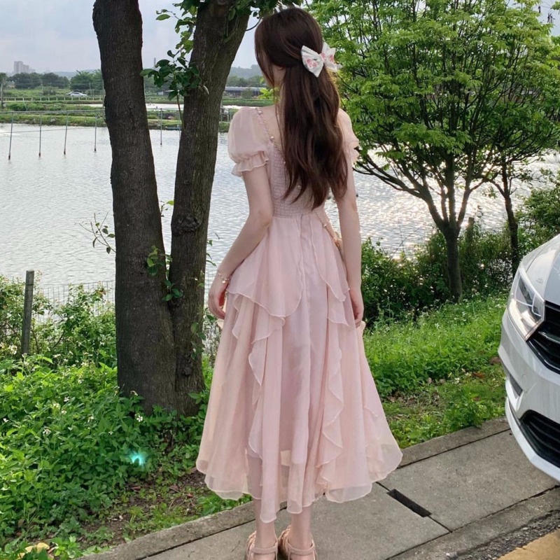 Đầm Tay Ngắn Dáng Dài Màu Hồng Thời Trang Thanh Lịch Cho Nữ