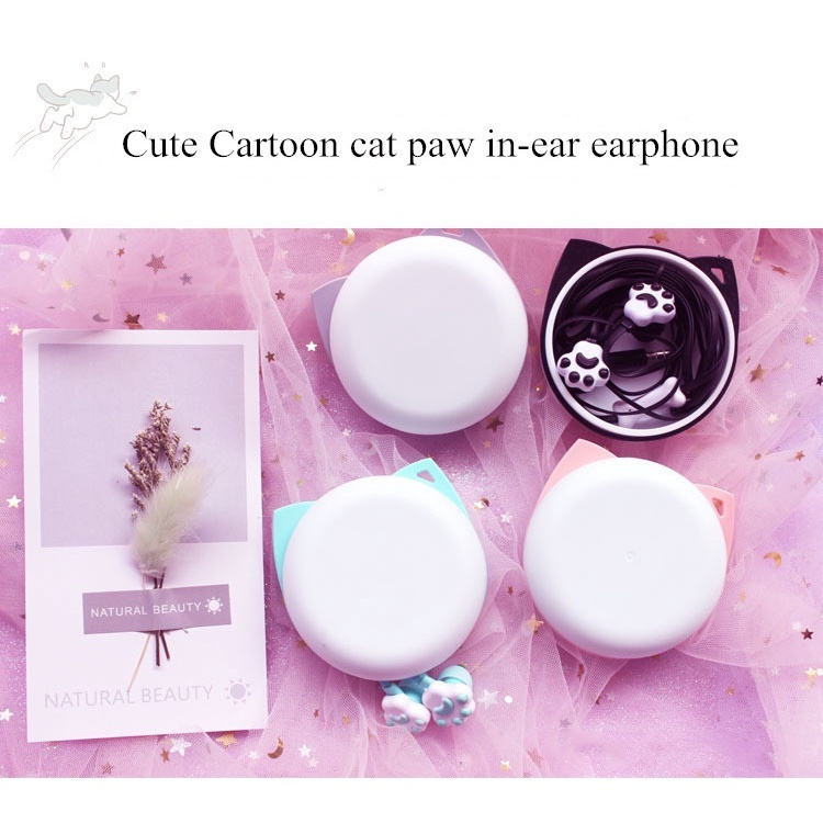 Tai Nghe Nhét Tai 3.5mm Hình Chân Mèo Dễ Thương Kèm Hộp Đựng