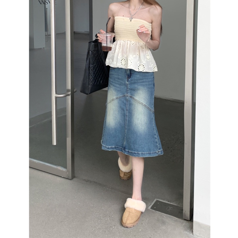 Chân Váy Denim Chữ a Lưng Cao Phong Cách Retro Hàn Quốc