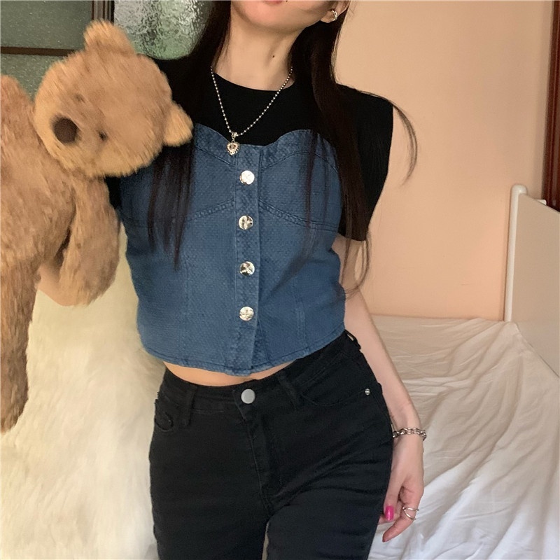 Áo Thun Ngắn Tay Giả Hai Lớp Phối denim Thời Trang Mùa Hè Cho Nữ