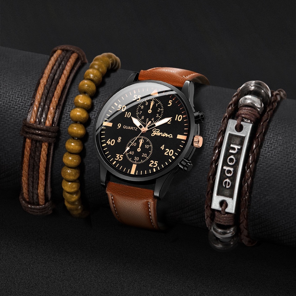 Đồng Hồ Quartz Chạy Kim Geneva Với Dây Đeo Da Nâu