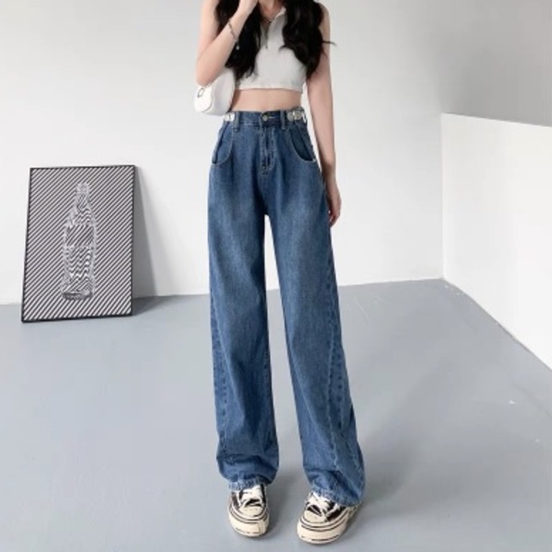 Quần Denim Lưng Cao Ống Rộng Phong Cách Hàn Quốc Độc Đáo Thời Trang Cho Nữ