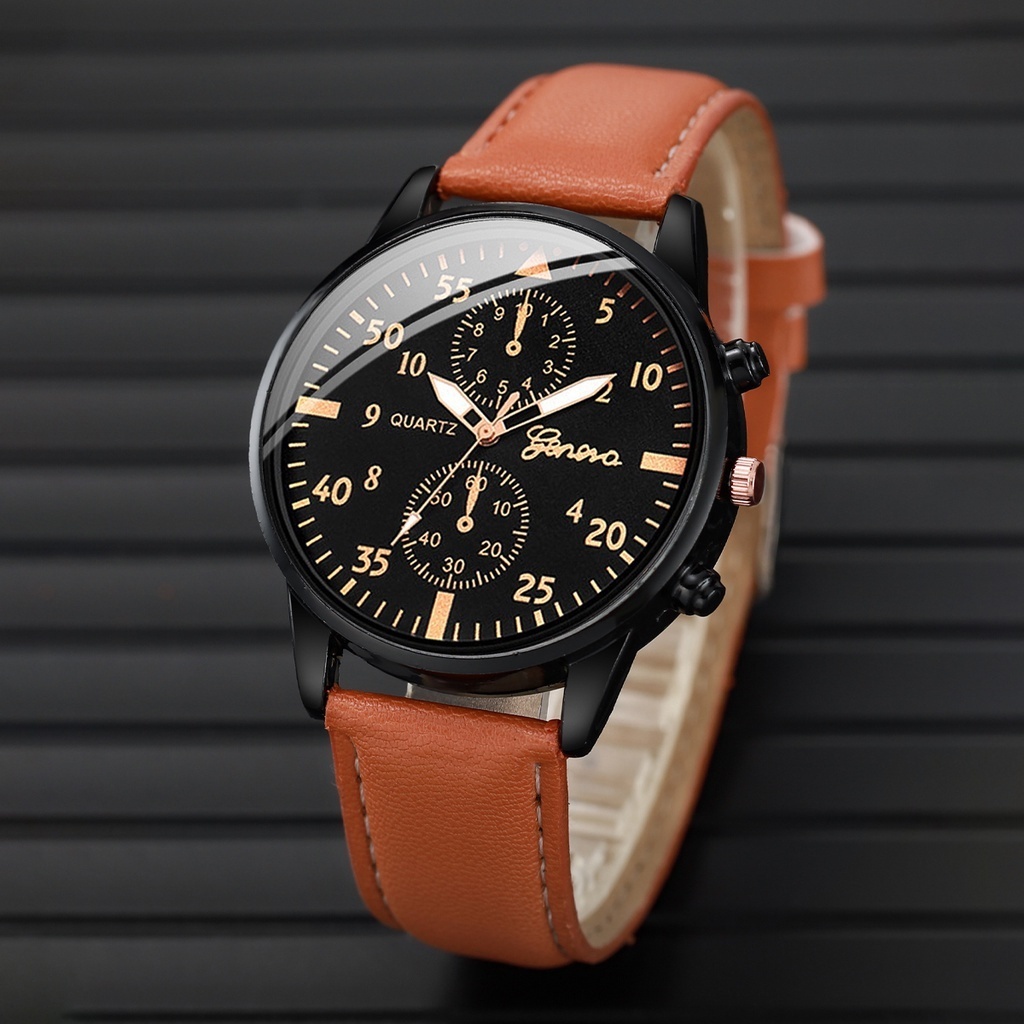 Đồng Hồ Quartz Chạy Kim Geneva Với Dây Đeo Da Nâu