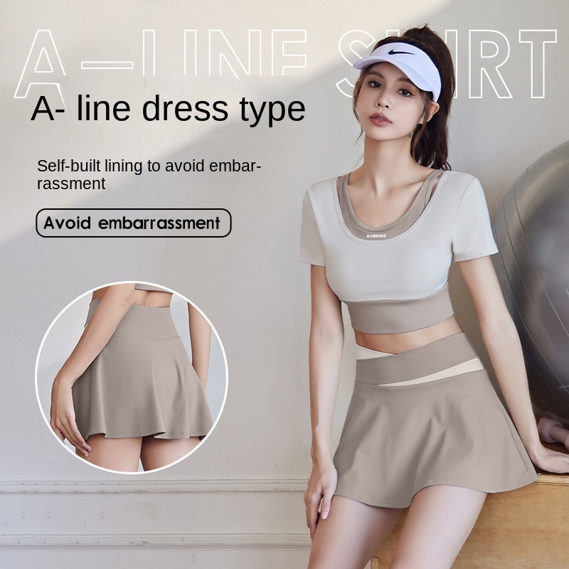 Set Áo Thun Ngắn Tay + Chân Váy Chữ A Lưng Cao Màu Sắc Tương Phản Kèm Đệm Ngực Dành Cho Nữ