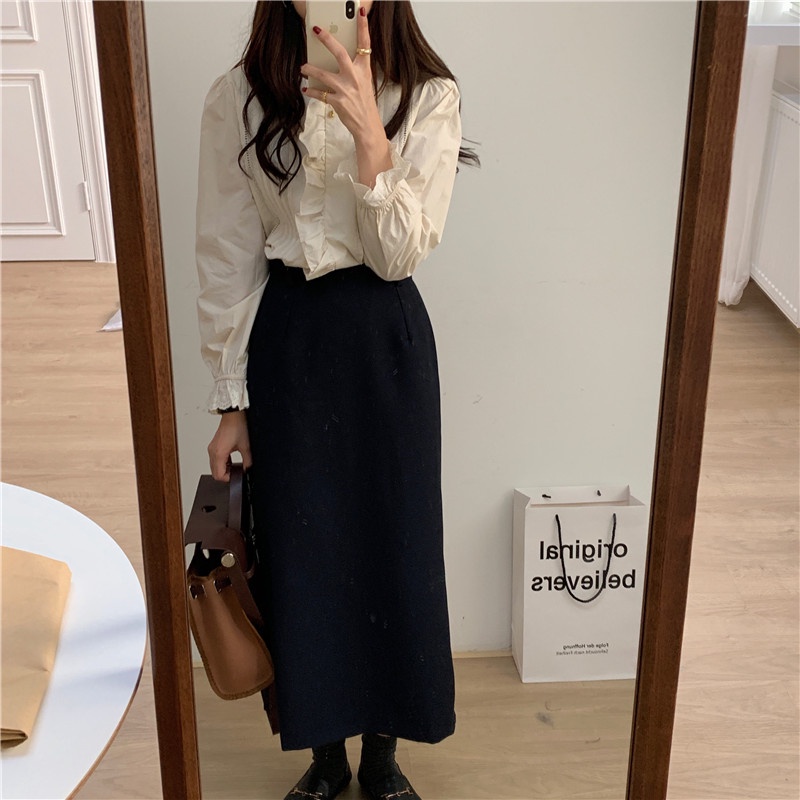 Áo Sơ Mi Dài Tay Phối Ren Màu Sắc Trơn Phong Cách Hàn Quốc 40052