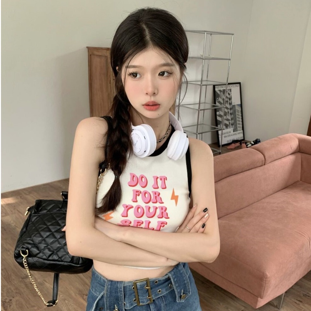 Áo Thun Cộc Tay Cổ Tròn In Chữ Phối Màu Tương Phản Phong Cách Hàn Quốc Mới