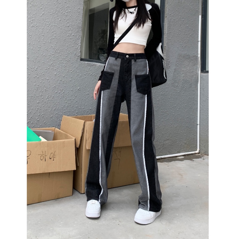 Quần Denim Ống Rộng Phối Màu Sắc Tương Phản Phong Cách Retro