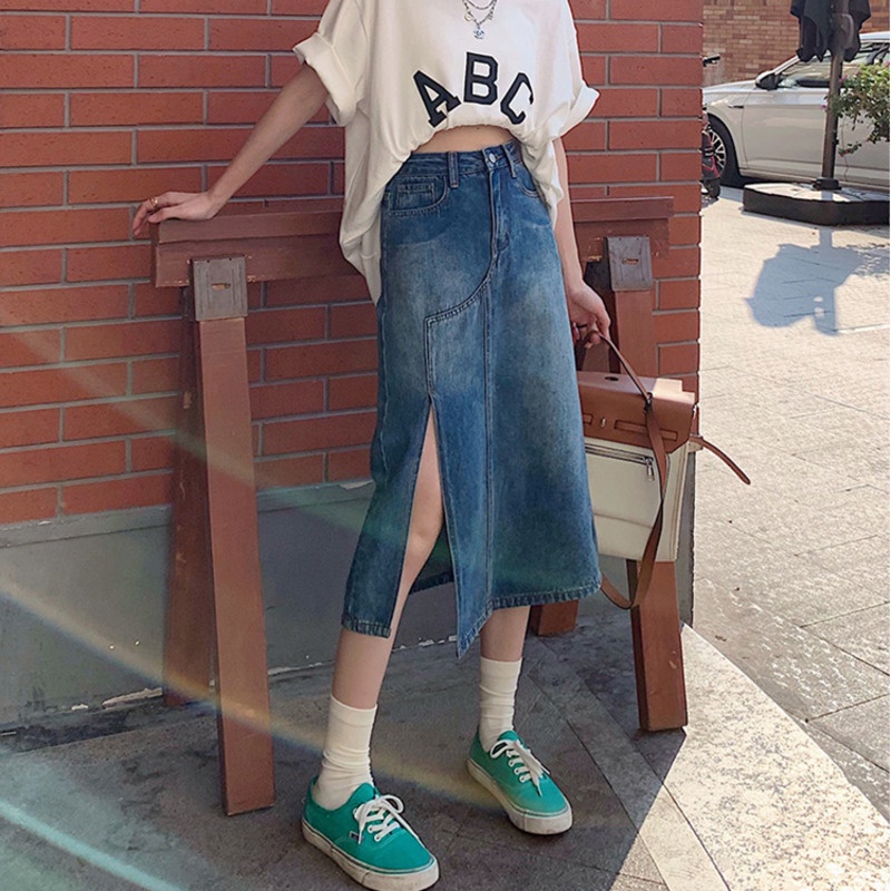 Chân Váy Denim Lưng Cao Dáng Chữ a Xẻ Tà Thời Trang Mùa Hè Hàn Quốc Cho Nữ