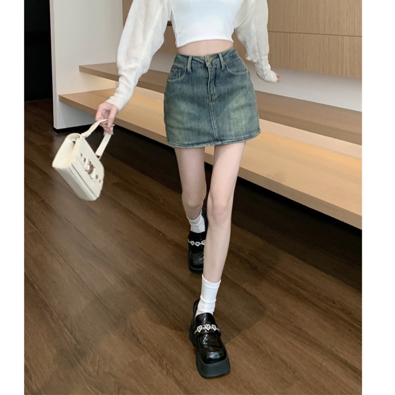 Chân Váy Denim Chữ a Lưng Cao Phong Cách Retro