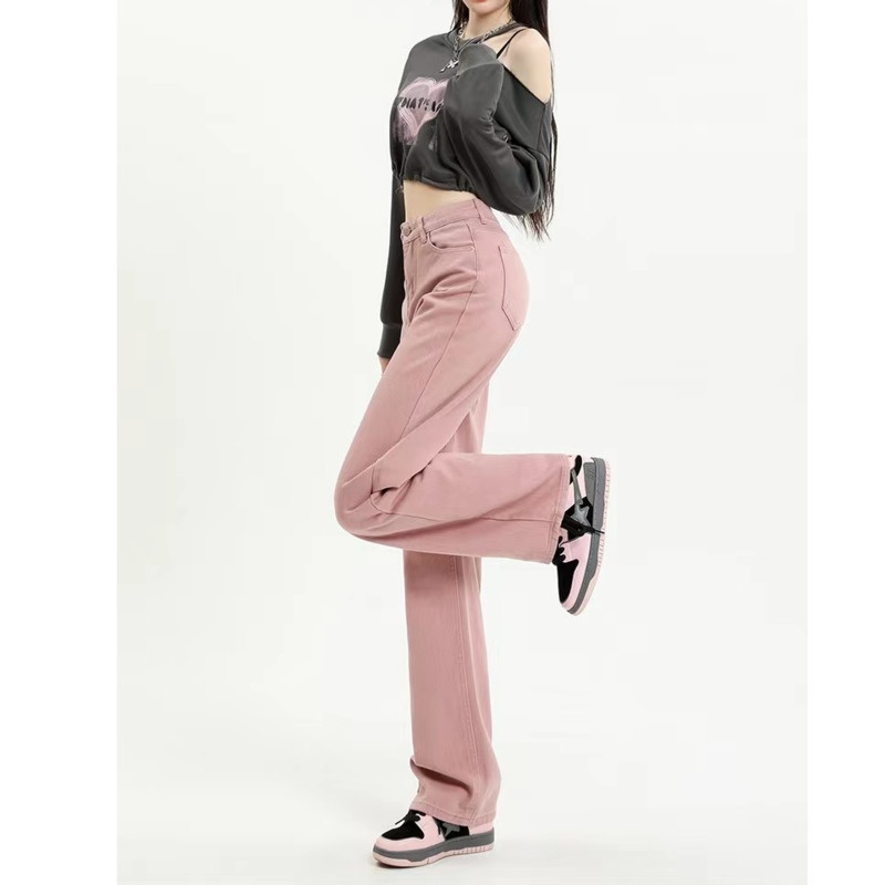 Quần Denim Hồng Lưng Cao Ống Rộng Phong Cách Hàn Quốc