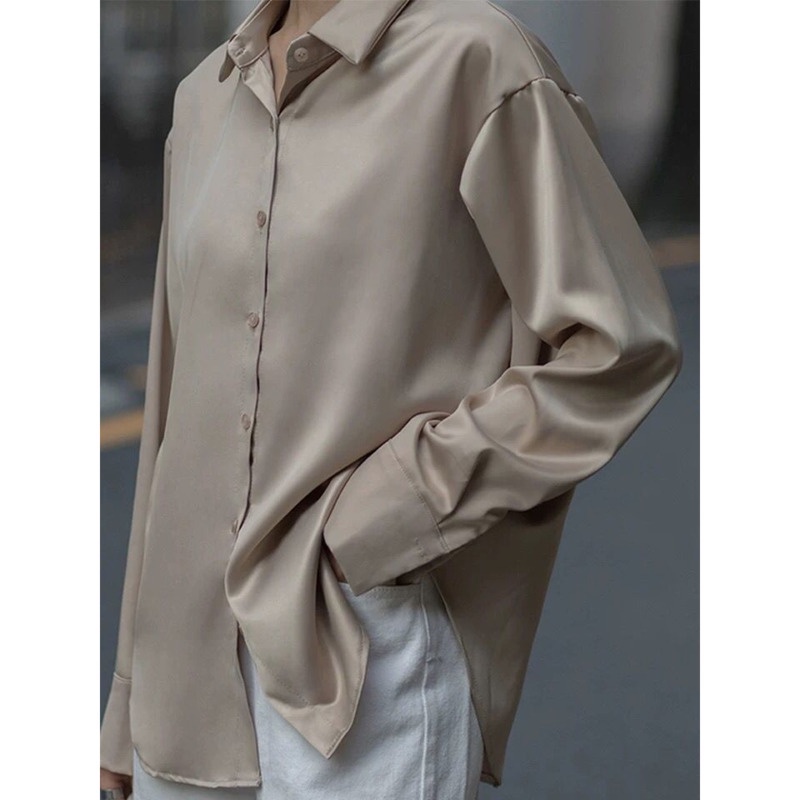 Áo Sơ Mi Tay Dài Dáng Rộng Vải Satin Màu Sắc Đơn Giản Thanh Lịch