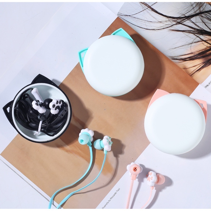 Tai Nghe Nhét Tai 3.5mm Hình Chân Mèo Dễ Thương Kèm Hộp Đựng
