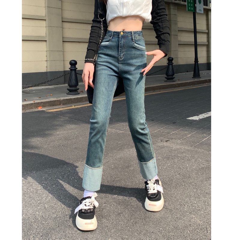 Quần Jean Dài Lưng Cao Dáng Ôm Màu Sắc Tương Phản Phong Cách Hàn Quốc Độc Đáo Thời Trang Cho Nữ