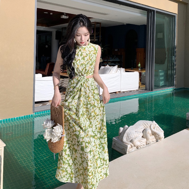 Đầm Sát Nách Hoạ Tiết Hoa Thiết Kế Thắt Nút Thanh Lịch Hợp Thời Trang