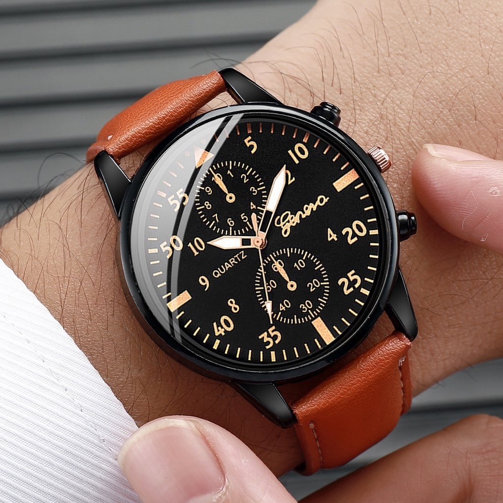 Đồng Hồ Quartz Chạy Kim Geneva Với Dây Đeo Da Nâu