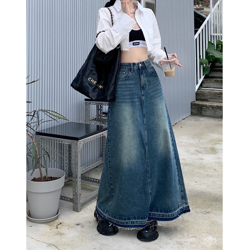 Chân Váy Jean Chữ a Lưng Cao Phong Cách Retro