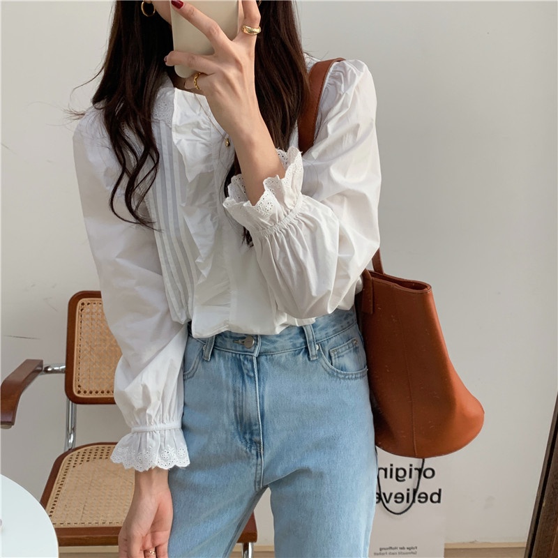 Áo Sơ Mi Dài Tay Phối Ren Màu Sắc Trơn Phong Cách Hàn Quốc 40052