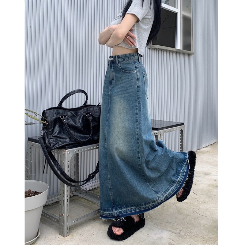 Chân Váy Jean Chữ a Lưng Cao Phong Cách Retro