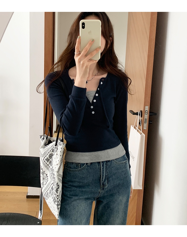 Áo Thun Nữ Dài Tay Cổ Chữ V Giả Hai Lớp 61879