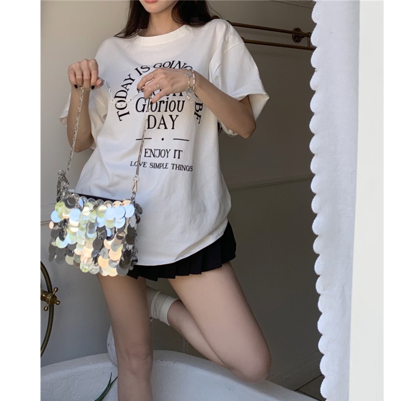 Áo Thun Tay Ngắn Dáng Rộng Hoạ Tiết Chữ In Thời Trang Mùa Hè