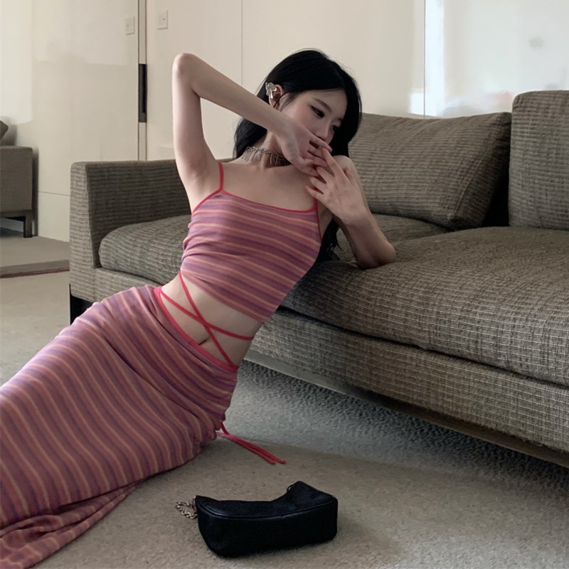 Set Áo Hai Dây Họa Tiết Kẻ Sọc Và Chân Váy Phong Cách retro Thời Trang Mùa Hè Cho Nữ