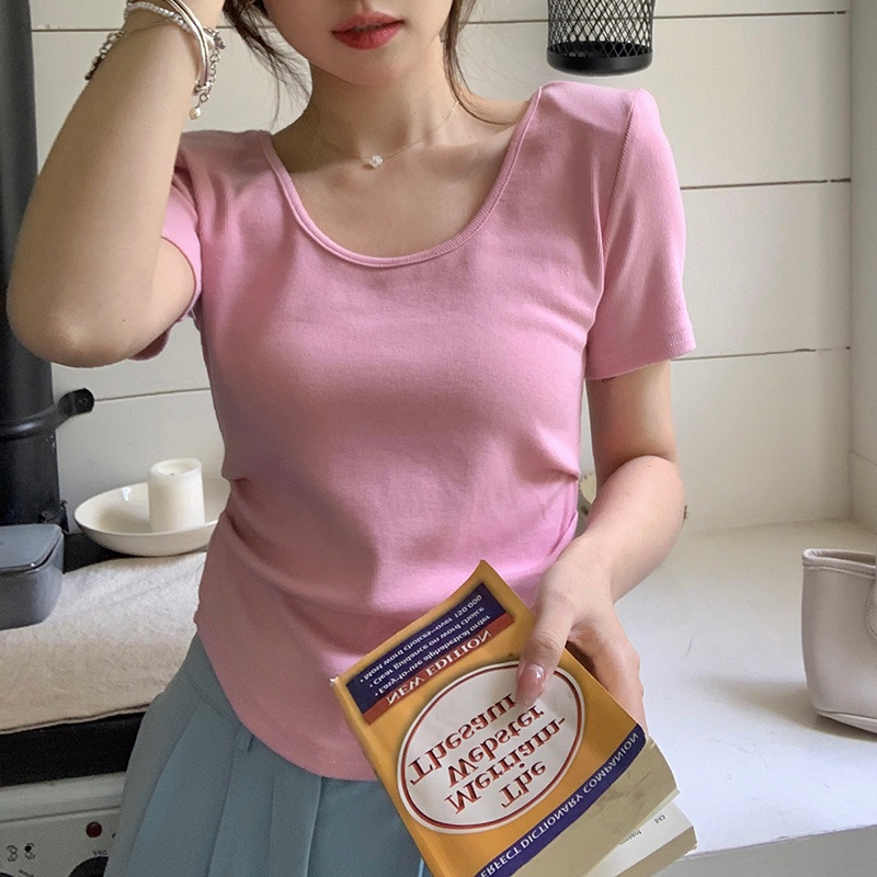 Áo Thun Tay Ngắn Dáng Ôm Co Giãn Màu Trơn Thời Trang Mùa Hè 61589