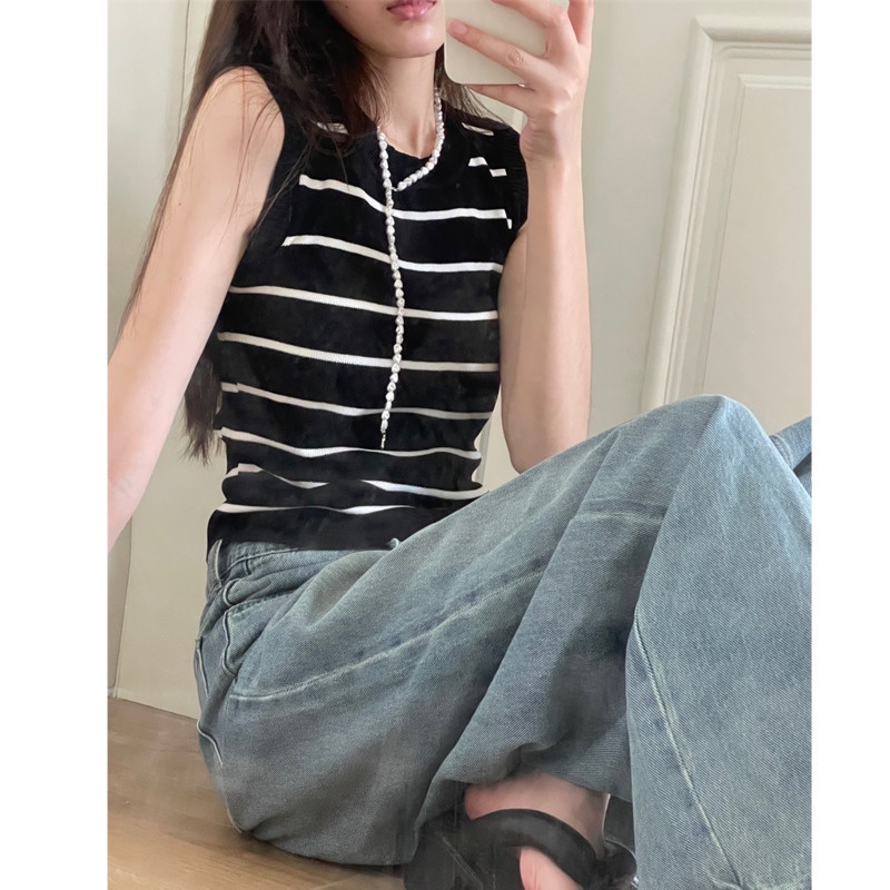 Áo Dệt Kim Sát Nách Dáng Ngắn Họa Tiết Kẻ Sọc Đơn Giản Thời Trang Mùa Hè
