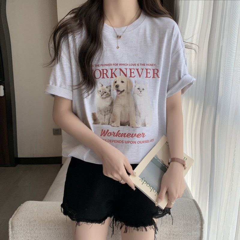 Áo Thun Cotton Nguyên Chất Dáng Rộng Ngắn Tay In Hình Dễ Thương Thời Trang Mùa Hè 6