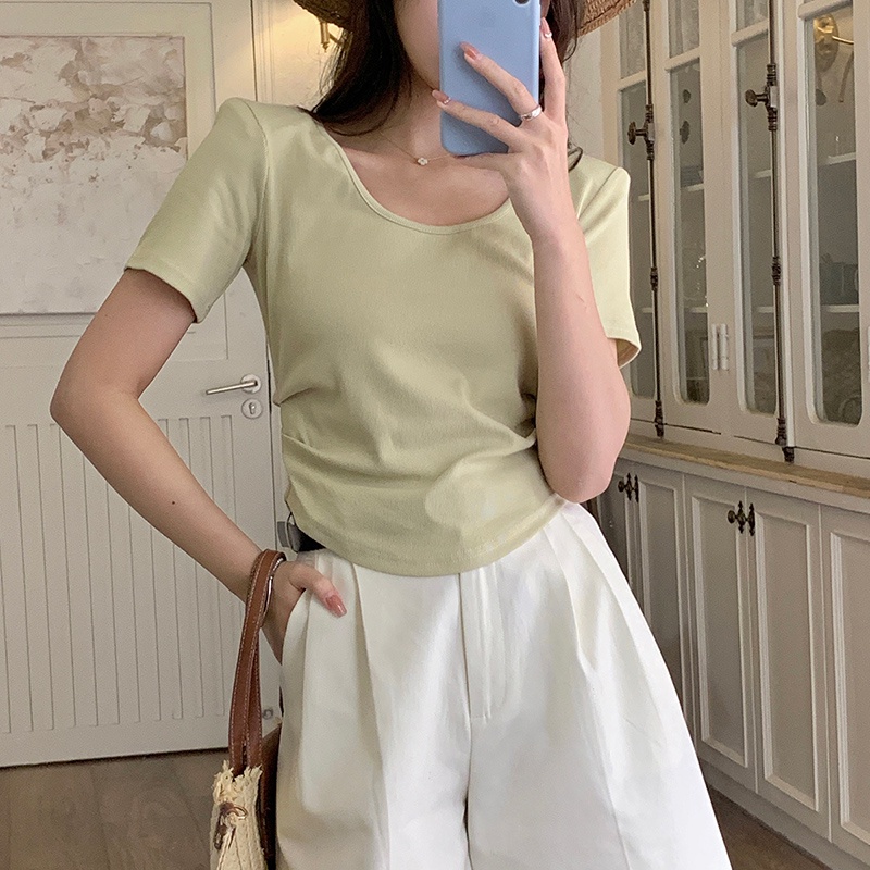 Áo Thun Tay Ngắn Dáng Ôm Co Giãn Màu Trơn Thời Trang Mùa Hè 61589