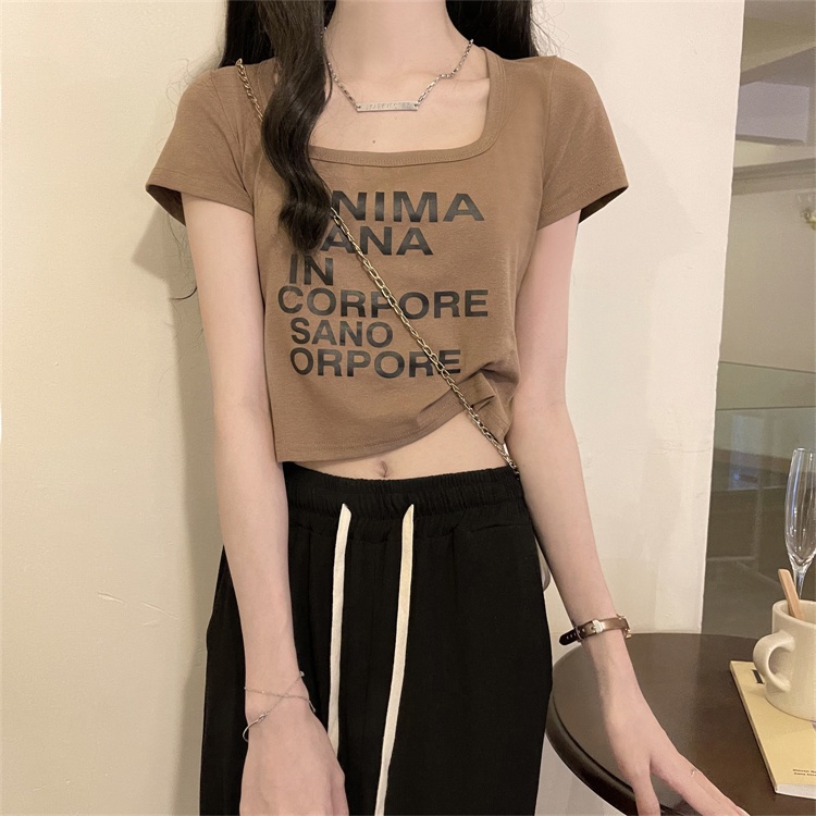 Áo Thun Ngắn Tay Cổ Vuông In Chữ Thời Trang Mùa Hè Hàn Quốc