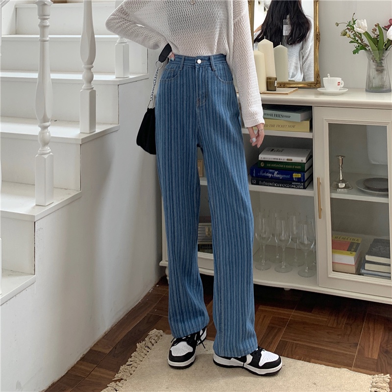 Quần Denim Lưng Cao Ống Rộng Họa Tiết Kẻ Sọc Thời Trang Hàn Quốc Cho Nữ