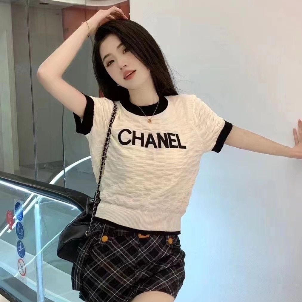 Hàng Có Sẵn! Chane! Áo Sweater Tay Ngắn Thiết Kế Mới Năng Động Thời Trang Dành Cho Nữ