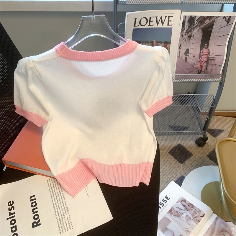 Áo Thun Dệt Kim Tay Ngắn In Họa Tiết Hoa / Dâu Tây Màu Sắc Ngọt Ngào Thời Trang Cho Nữ