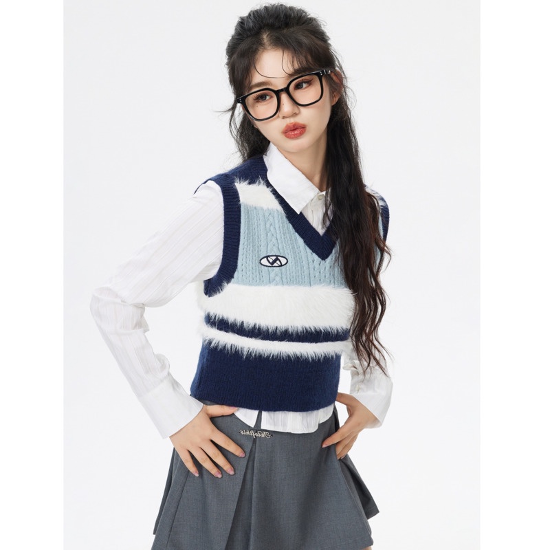 Áo Dệt Kim Sát Nách Cổ Chữ v Họa Tiết Kẻ Sọc Phong Cách Preppy