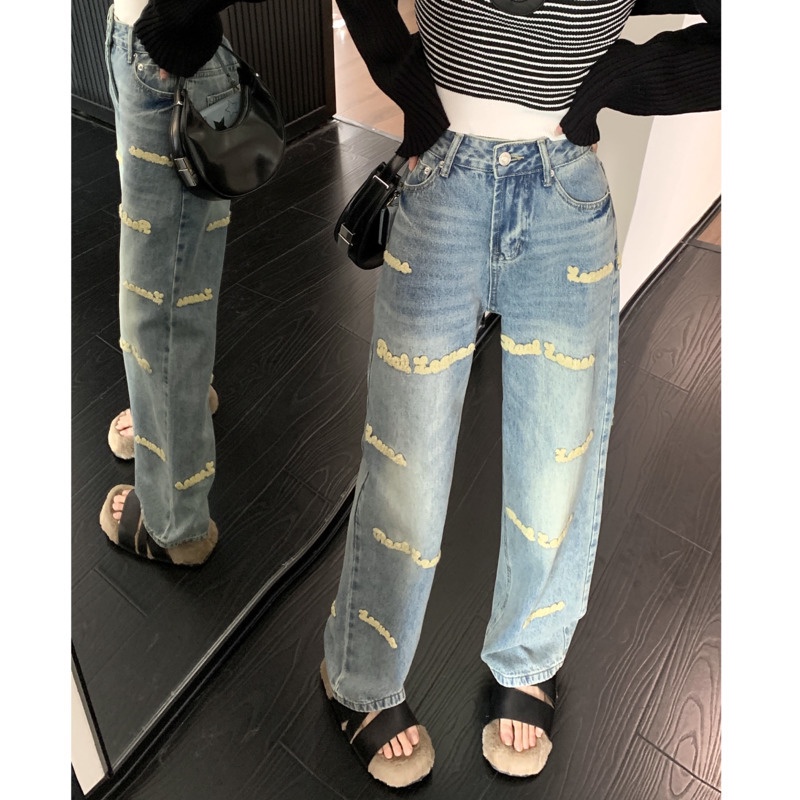 Quần Denim Lưng Cao Ống Rộng Thêu Họa Tiết Thời Trang Hàn Quốc
