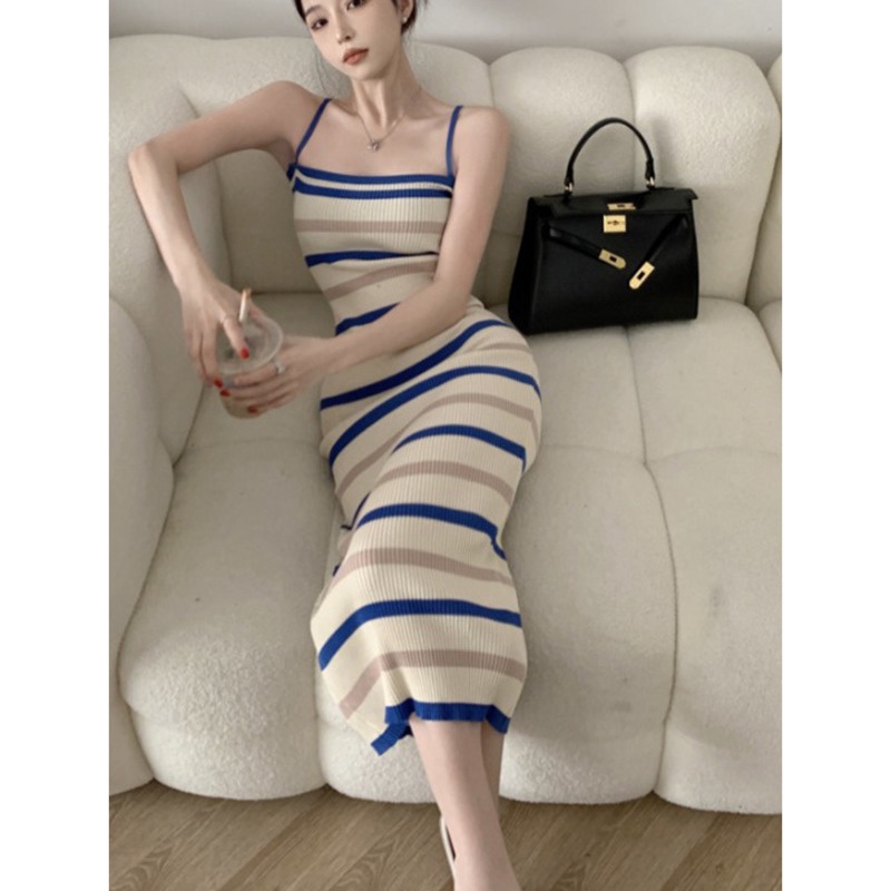 Đầm Dệt Kim Hai Dây Họa Tiết Kẻ Sọc Màu Trơn Quyến Rũ Cho Nữ