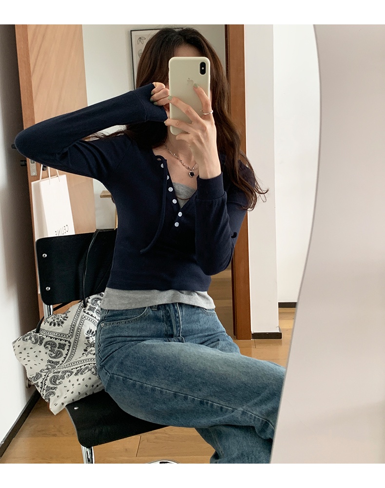 Áo Thun Nữ Dài Tay Cổ Chữ V Giả Hai Lớp 61879